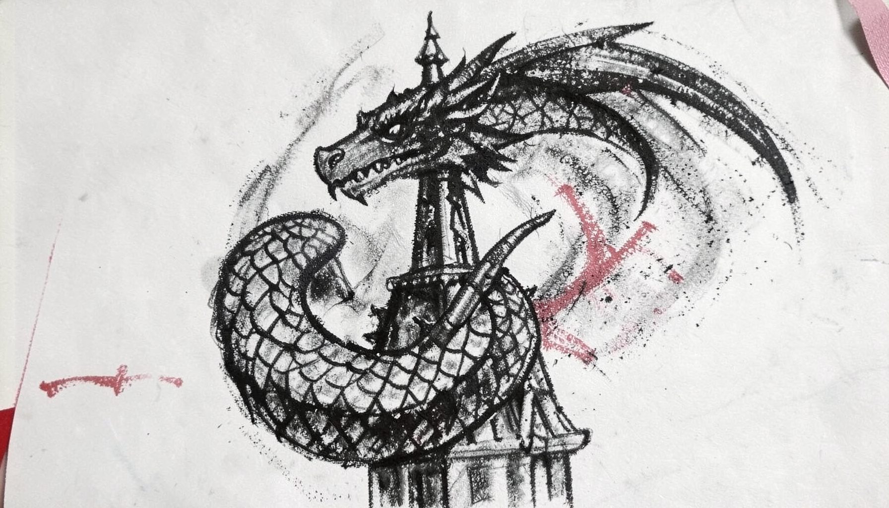 A bold charcoal drawing of a dragon coiled around a spire, its serpentine body rendered in sweeping dark lines with intricate scale detail.